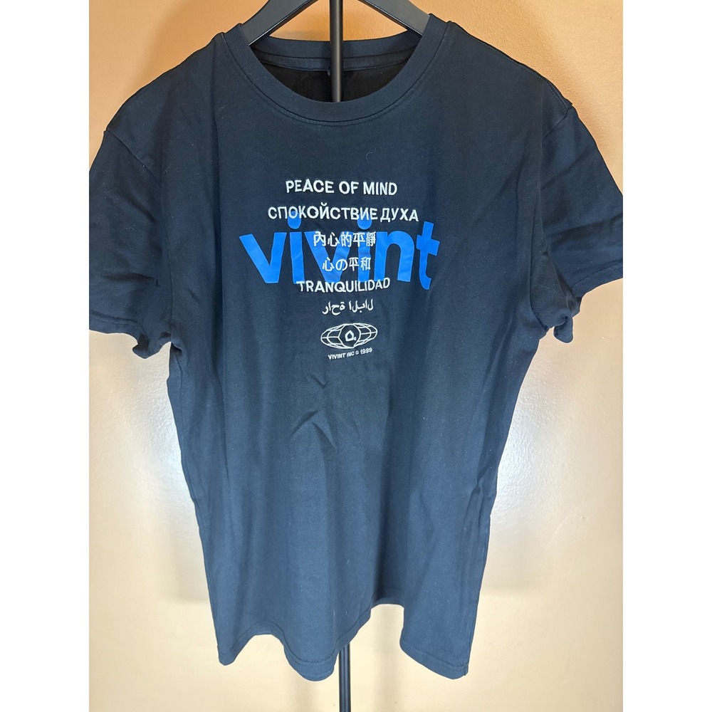 Vivint Peace‎ of Mind Graphic T-Shirt Black Multi Language Logo Mens Large L